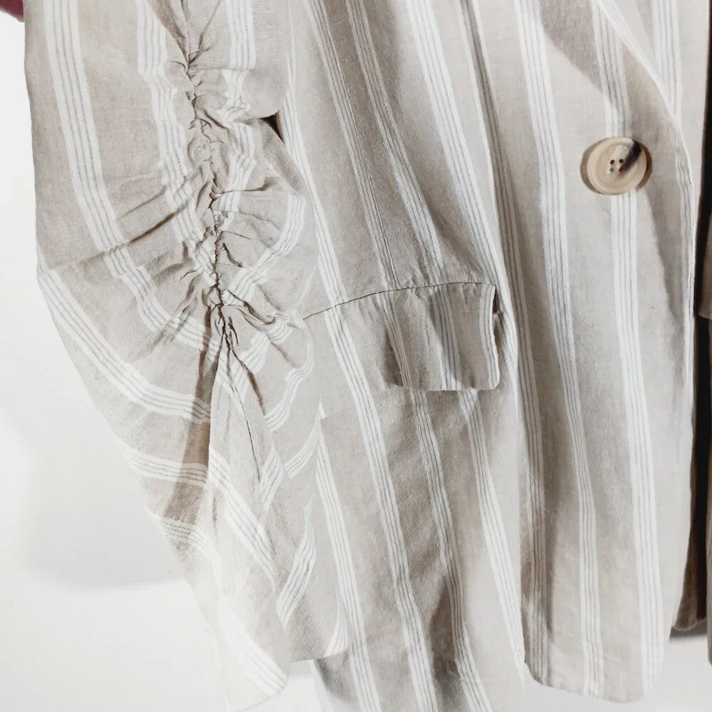 Free People "Fern" Oversized Striped Linen Blend Blazer, Ruched Sleeves SZ Small - Picture 8 of 16